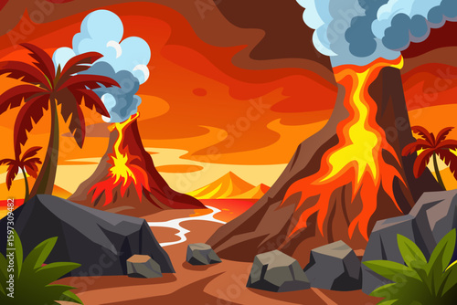 Cartoon Erupting Volcano Landscape – Vector Illustration with Lava, Smoke, and Tropical Scenery