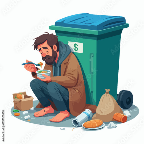 Forlorn man, barefoot and dressed in worn clothing, sits amidst garbage, consuming a meager meal from a bowl near a large trash receptacle.  His facial expression conveys sadness and despair.