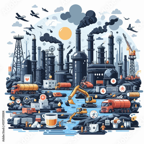 Colorful, detailed illustration of a polluted industrial complex with machinery, trucks, and smoke plumes impacting a nearby body of water, conveying environmental consequences.