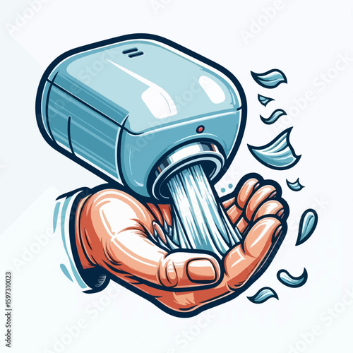 Hand receiving a stream of water from a light-blue, stylized dispenser.  The illustration is detailed and engaging.