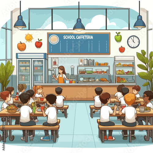 Cartoon depiction of a school cafeteria where many children are seated at tables enjoying lunch.  A staff member is present at the service counter.