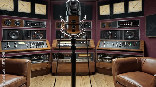 Vintage recording studio with a microphone and sound equipment, showcasing retro design and ambiance