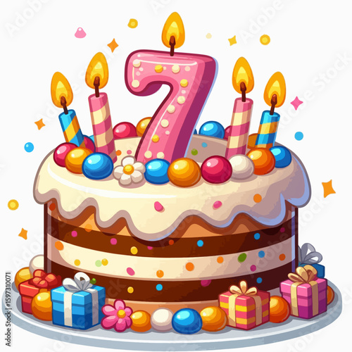 Cartoon illustration of a birthday cake with candles, gifts, and colorful decorations, perfect for a seven-year-old's party.