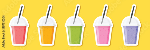 Smoothie sticker icon set collection in flat style. Fresh fruits milkshake vector illustration on isolated background. Fruits cocktail sign business concept.