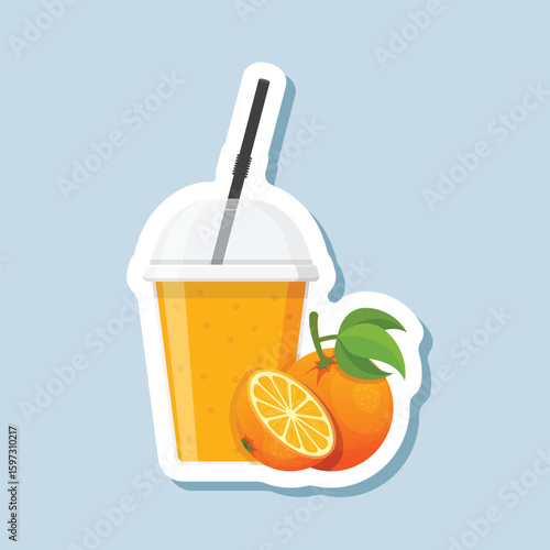 Orange smoothie sticker icon in flat style. Fresh fruits milkshake vector illustration on isolated background. Fruits cocktail sign business concept.