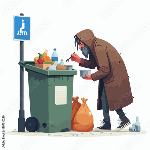 Depiction of a destitute individual rummaging through a public garbage container for nourishment.