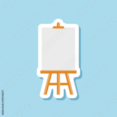 Painting easel sticker icon in flat style. Canvas vector illustration on isolated background. Artistic paper sign business concept.