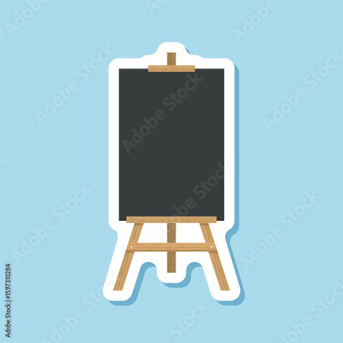 Painting easel sticker icon in flat style. Canvas vector illustration on isolated background. Artistic paper sign business concept.