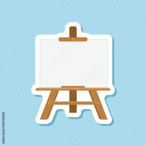 Painting easel sticker icon in flat style. Canvas vector illustration on isolated background. Artistic paper sign business concept.