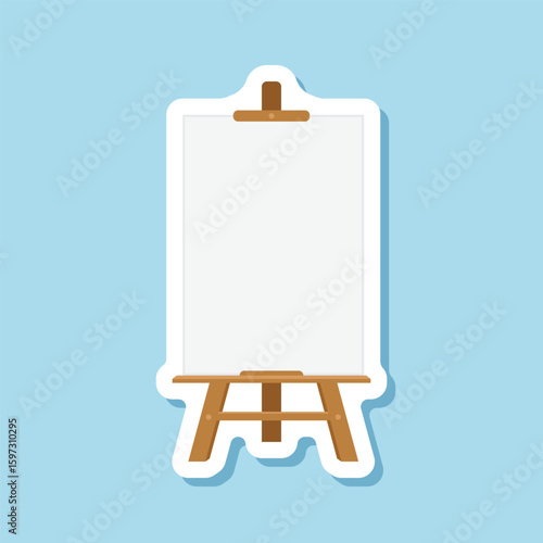 Painting easel sticker icon in flat style. Canvas vector illustration on isolated background. Artistic paper sign business concept.