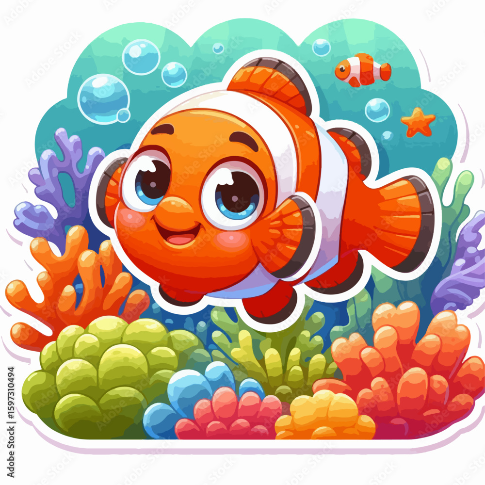Obraz premium Cartoonish clownfish swims amidst colorful coral and bubbles in a vibrant underwater scene. The fish has big eyes and a friendly expression.