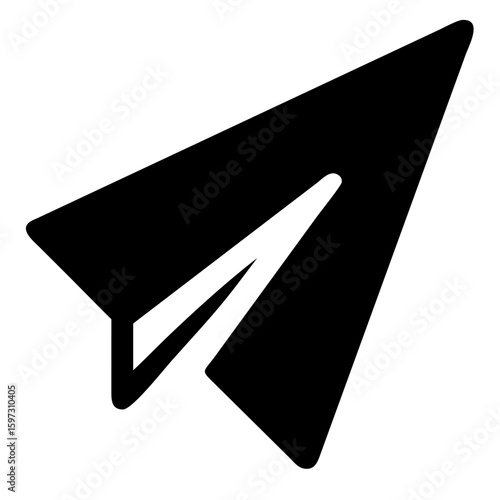 A simple black and white paper airplane icon with a distinct cutout design on a plain transparent background