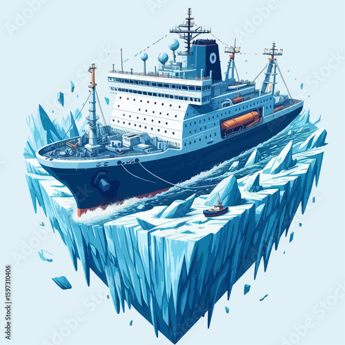 Graphic illustration of a large vessel navigating through ice floes, appearing as if floating above a large ice cube.