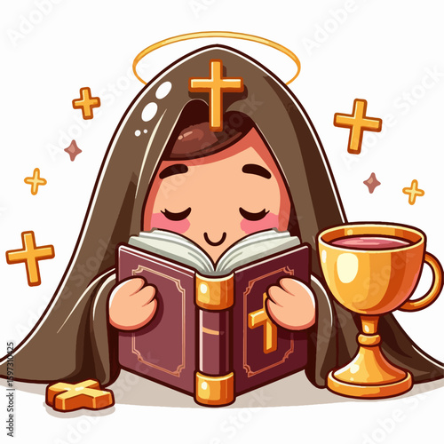 Charming cartoon depiction of a nun engrossed in reading a holy book, accompanied by a golden chalice.