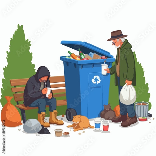 Two individuals, one seated and one standing, are near a overflowing public trash bin in a park setting.  Various discarded items are scattered around them.