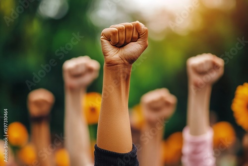 Arms and fists raised in the air during a protest and demonstration, symbolizing empowerment, solidarity, and activism for a cause, Generative AI