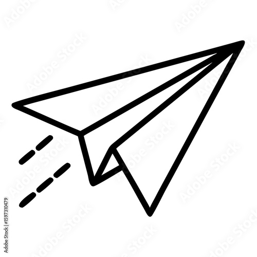 A simple line drawing of a paper airplane in flight with dashed lines indicating motion and speed effect
