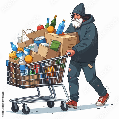Man with a large shopping cart overflowing with food items and supplies walks away.  He appears to be struggling with the weight of the cart and food.