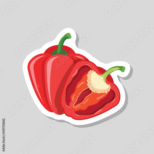 Red pepper bell icon sticker in flat style. Fresh paprika vector illustration on isolated background. Healthy food sign business concept.