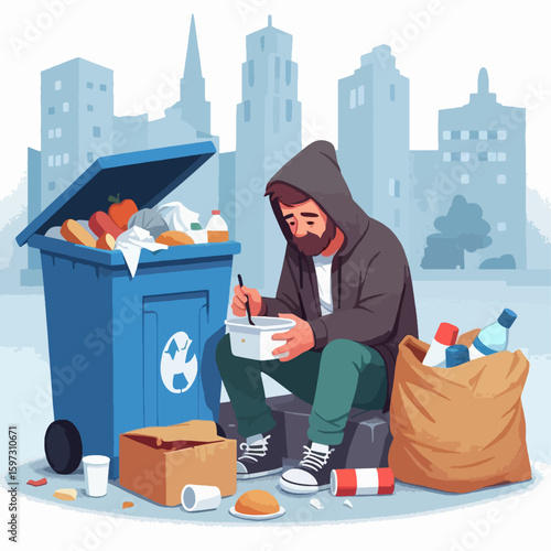 Depressed man sits near a overflowing dumpster eating food from a disposable container in an urban scene.  Visible debris and waste litter the ground around him.