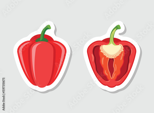 Red pepper bell icon sticker in flat style. Fresh paprika vector illustration on isolated background. Healthy food sign business concept.