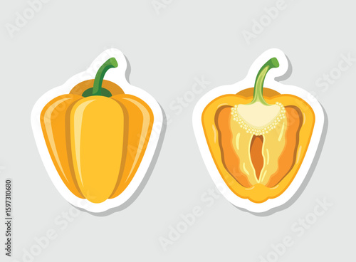 Yellow pepper bell sticker icon in flat style. Fresh paprika vector illustration on isolated background. Healthy food sign business concept.