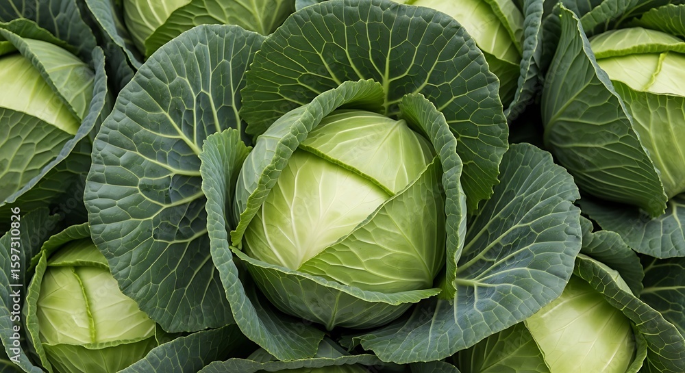 Fototapeta premium Fresh Green Cabbage Heads Closeup Showing Detailed Leaf Texture