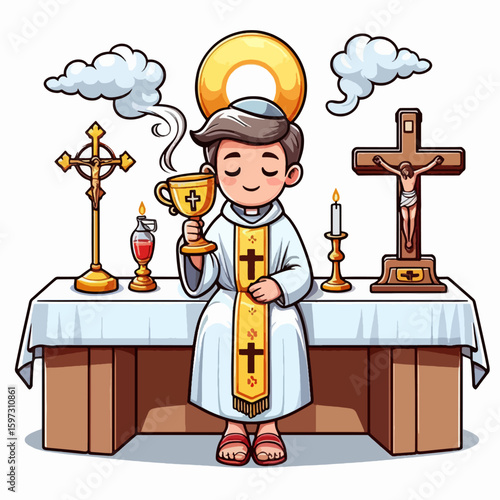 Cartoon representation of a priest seated at an altar, holding a chalice, surrounded by religious symbols and objects.