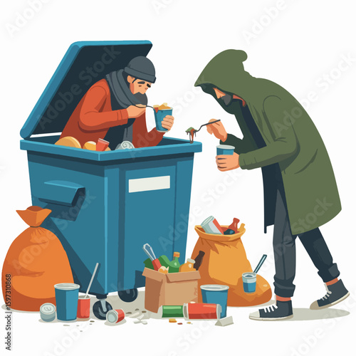 Two figures are depicted scavenging for food within a large trash receptacle.  A lot of discarded food and containers are strewn around them.