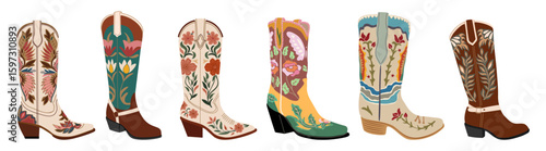 Сollection of different cowgirl boots. Traditional western cowboy boots bundle decorated with embroidered wild west ornament. Realistic vector art illustrations isolated	
