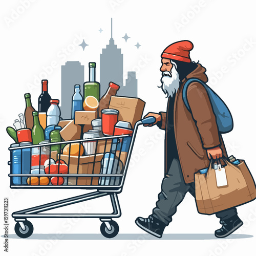 Cartoon illustration of an elderly person pushing a shopping cart overflowing with various food items through a cityscape background.