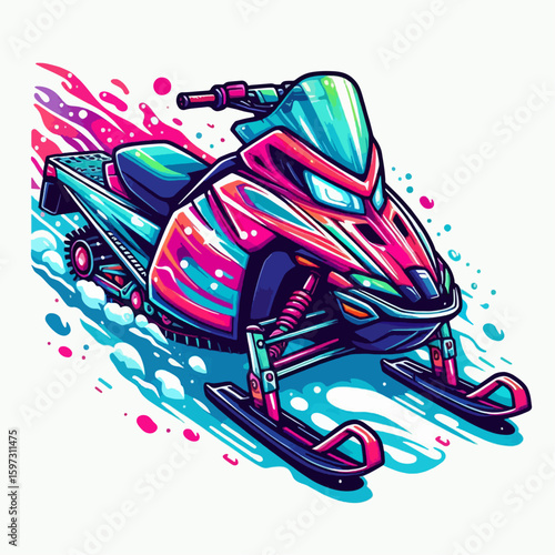 Vibrant illustration of a snowmobile speeding through snow and ice, showcasing dynamic movement and vibrant color choices.