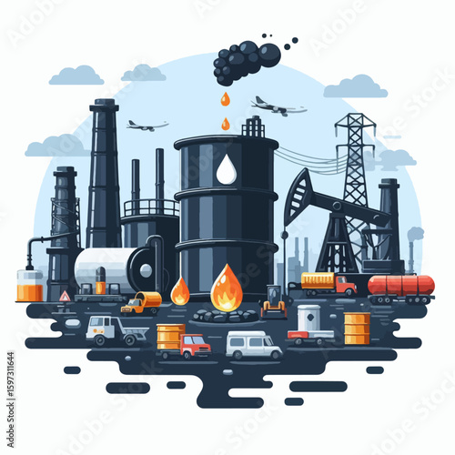 Flat, graphic depiction of an oil refinery complex, illustrating industrial processes and related pollution.