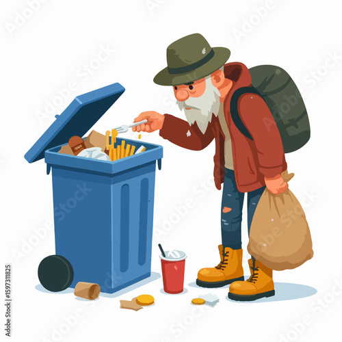 Cartoon illustration of a senior person rummaging through a dumpster for discarded food and other items.