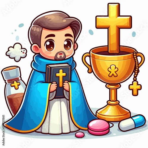 Stylized cartoon representation of a priest, holding a bible and surrounded by religious symbols, such as a cross and chalice, alongside a few sweets.