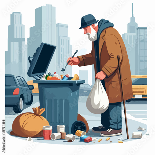 Digitally rendered illustration of an elderly man rummaging through a overflowing dumpster on a city street. The scene depicts urban poverty and the issue of food waste.