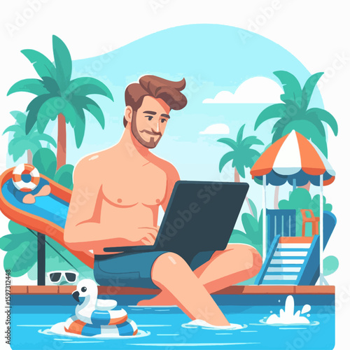 Digitally illustrated scene of a man sitting by a pool, utilizing a laptop computer in a tropical setting.