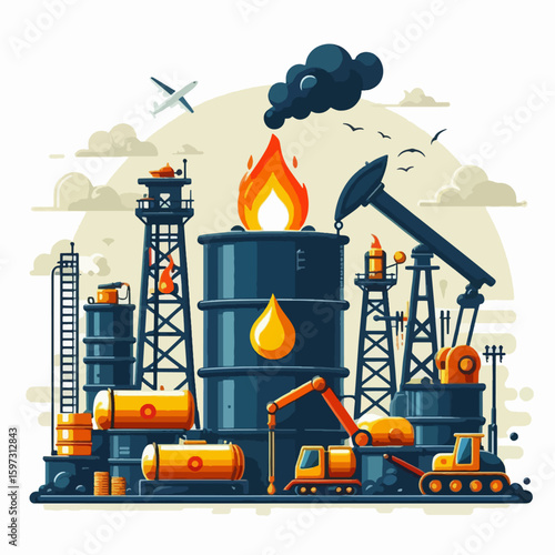 Colorful, flat illustration depicts an oil refinery with various structures, tanks, machinery, and flames, signifying the oil production process.