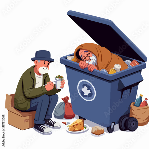 Two older individuals, one seated and sharing a meal, while the other sleeps inside a full trash receptacle, portraying a sensitive scene of compassion and assistance.