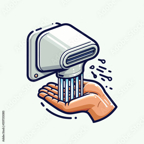 Graphic depiction of a hand being washed with water from a wall-mounted hand dryer device.  The image is stylized with bold lines and colors.