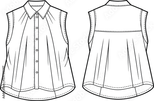 Sleeveless, button, blouse, fashion, flat, sketch, curved, hem, pleated, back, stylish, collar, front, dart, vector, cad, digital, outline, shirt, drawing