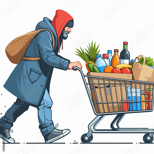 Person, clad in casual, slightly worn clothing, trudges through a daily struggle with a loaded shopping cart filled with various food items.