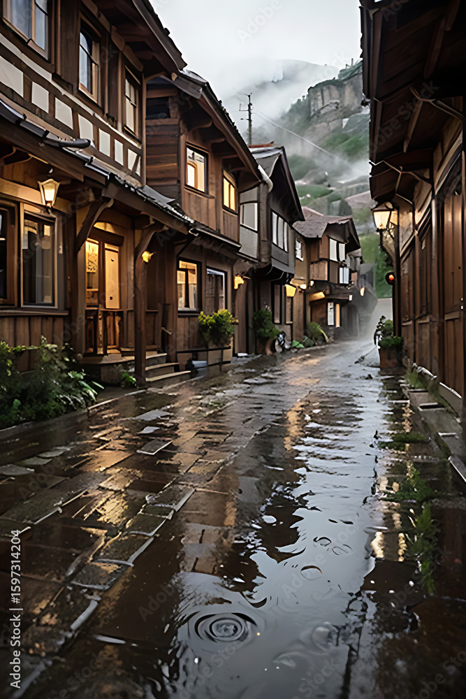 Fototapeta premium Rain-slicked cobblestone street in a quaint village lined with wooden buildings.