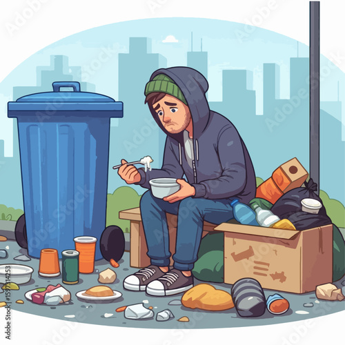 Young individual in a hoodie, seated on a makeshift bench amongst discarded food and trash, appears dejected while consuming food.