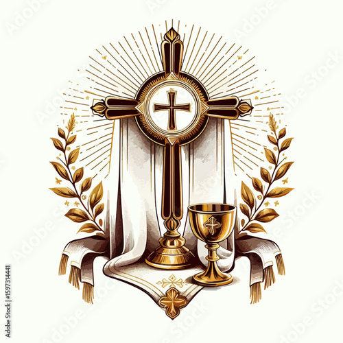 Gilded religious emblem featuring a cross and chalice, set against a white backdrop and adorned with decorative foliage.