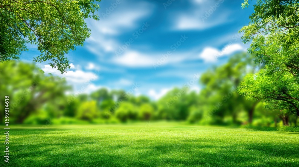 Obraz premium A spacious park showcases a bright green lawn surrounded by flourishing trees under a brilliant blue sky filled with soft clouds. People enjoy the serenity and beauty.