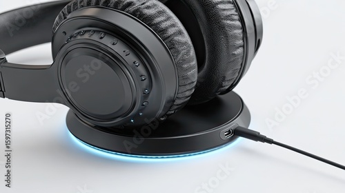 Wireless headphones resting on a charging dock, illuminated base, sleek design.