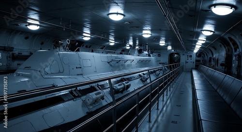 Inside a Submarine Interior with Lights and Metallic Structure