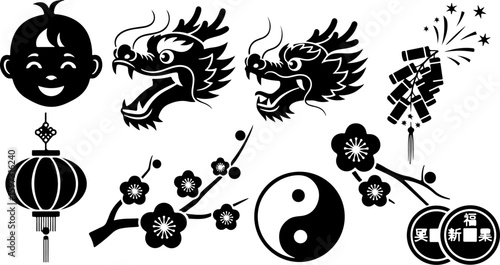Vector art of chinese new year symbols including dragon and lantern