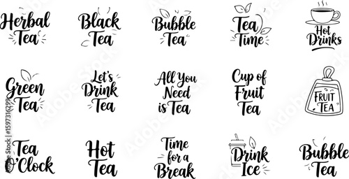 Vector art of collection of tea related quotes and phrases for drinks